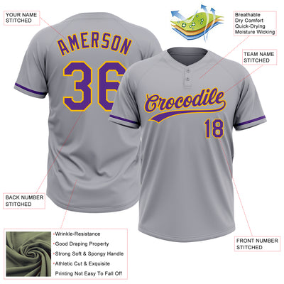 Custom Gray Purple-Gold Two-Button Unisex Softball Jersey