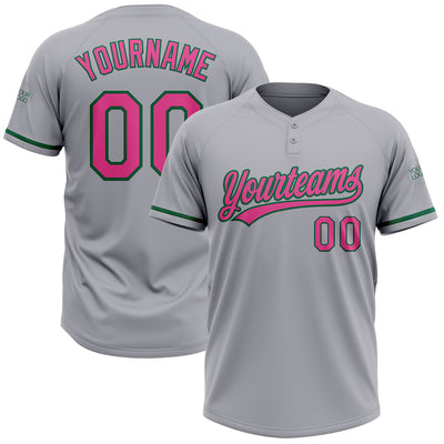 Custom Gray Pink-Kelly Green Two-Button Unisex Softball Jersey