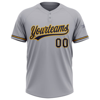 Custom Gray Navy-Gold Two-Button Unisex Softball Jersey