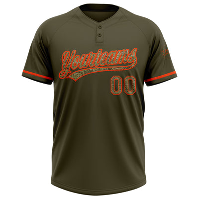 Custom Olive Camo-Orange Salute To Service Two-Button Unisex Softball Jersey