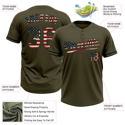 Custom Olive Vintage USA Flag-Black Salute To Service Two-Button Unisex Softball Jersey