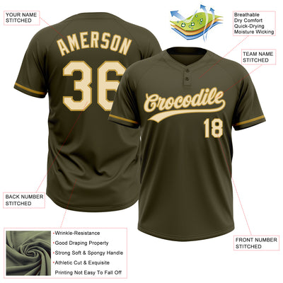 Custom Olive Cream-Old Gold Salute To Service Two-Button Unisex Softball Jersey