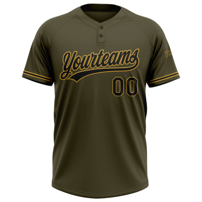 Custom Olive Black-Old Gold Salute To Service Two-Button Unisex Softball Jersey