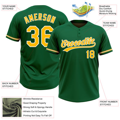 Custom Kelly Green Gold-White Two-Button Unisex Softball Jersey