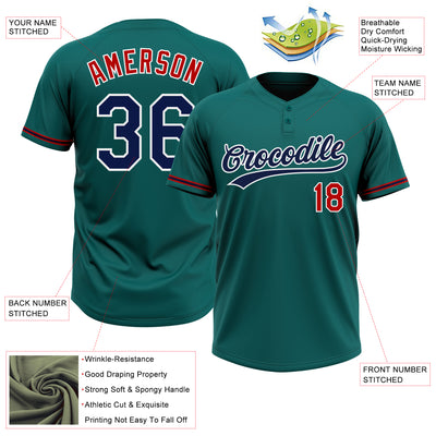 Custom Teal Navy-Red Two-Button Unisex Softball Jersey