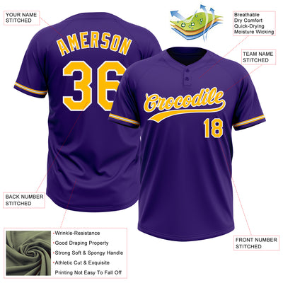 Custom Purple Gold-White Two-Button Unisex Softball Jersey