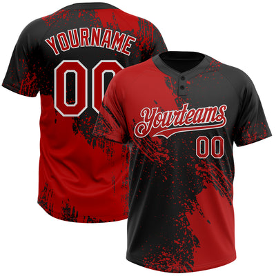 Custom Red Black-White 3D Pattern Abstract Brush Stroke Two-Button Unisex Softball Jersey