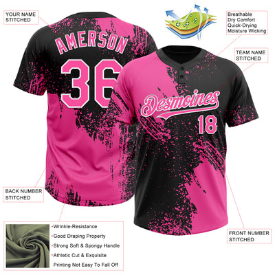 Custom Pink Black-White 3D Pattern Abstract Brush Stroke Two-Button Unisex Softball Jersey