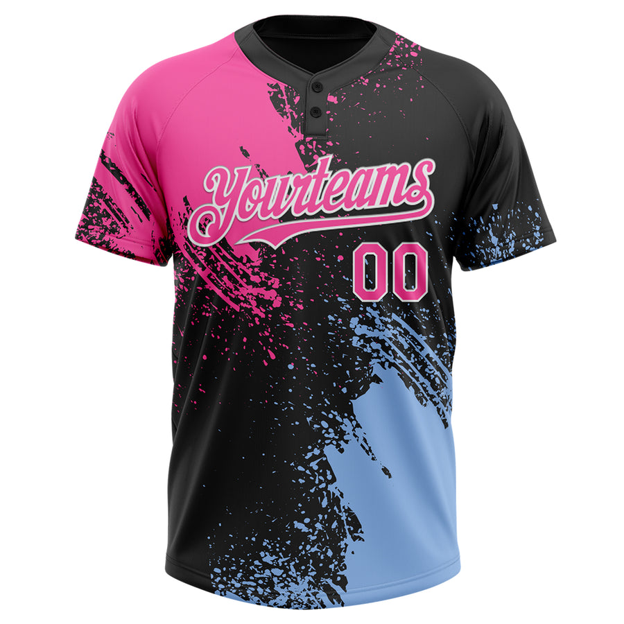 Custom Black Pink-Light Blue 3D Pattern Abstract Brush Stroke Two-Button Unisex Softball Jersey