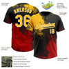 Custom Black Gold-Red 3D Pattern Abstract Brush Stroke Two-Button Unisex Softball Jersey