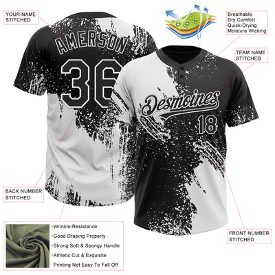 Custom White Black 3D Pattern Abstract Brush Stroke Two-Button Unisex Softball Jersey