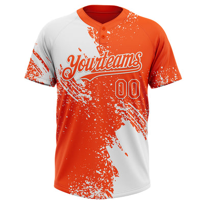 Custom White Orange 3D Pattern Abstract Brush Stroke Two-Button Unisex Softball Jersey