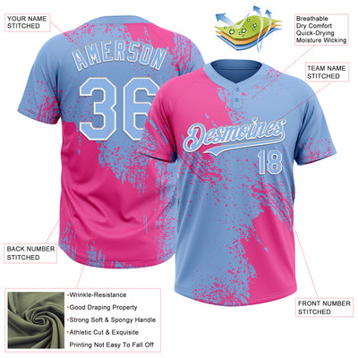 Custom Pink Light Blue-White 3D Pattern Abstract Brush Stroke Two-Button Unisex Softball Jersey