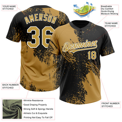 Custom Old Gold Black-White 3D Pattern Abstract Brush Stroke Two-Button Unisex Softball Jersey