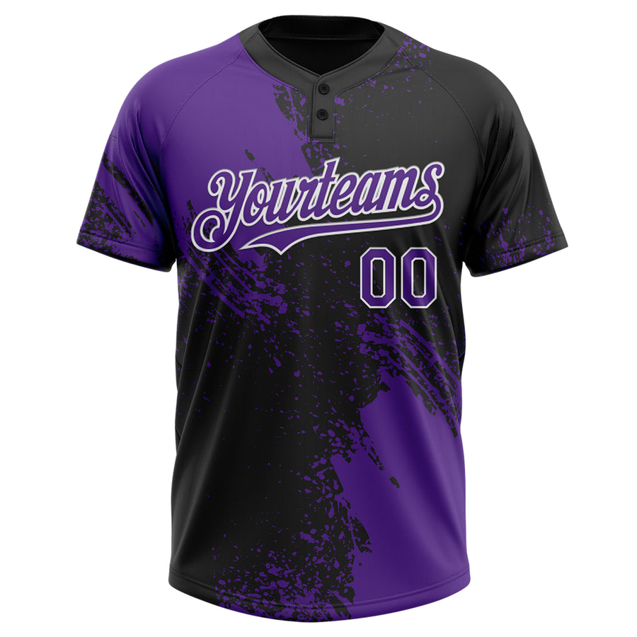 Custom Purple Black-White 3D Pattern Abstract Brush Stroke Two-Button Unisex Softball Jersey