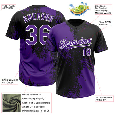 Custom Purple Black-White 3D Pattern Abstract Brush Stroke Two-Button Unisex Softball Jersey