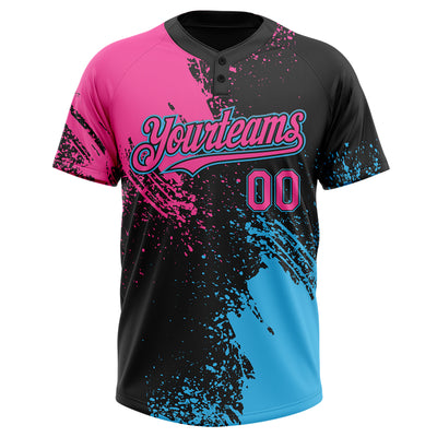 Custom Black Pink-Sky Blue 3D Pattern Abstract Brush Stroke Two-Button Unisex Softball Jersey