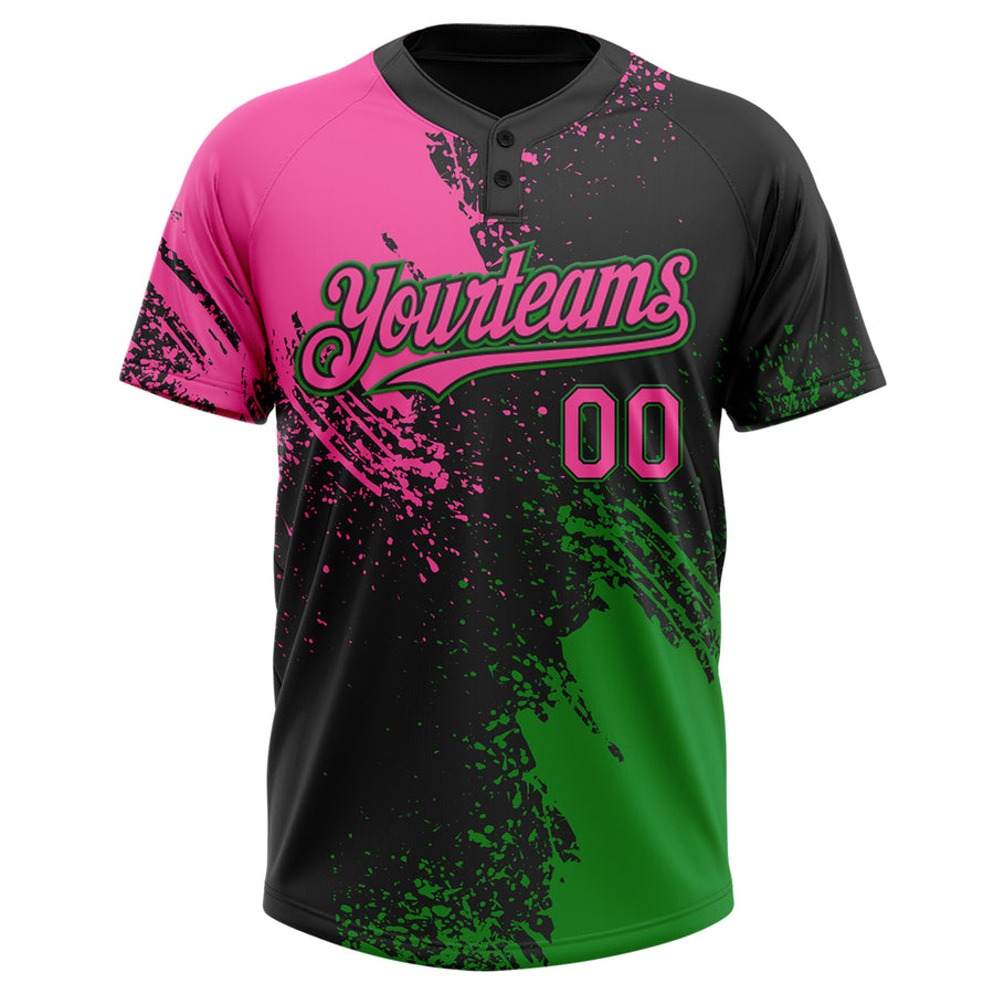 Custom Black Pink-Grass Green 3D Pattern Abstract Brush Stroke Two-Button Unisex Softball Jersey