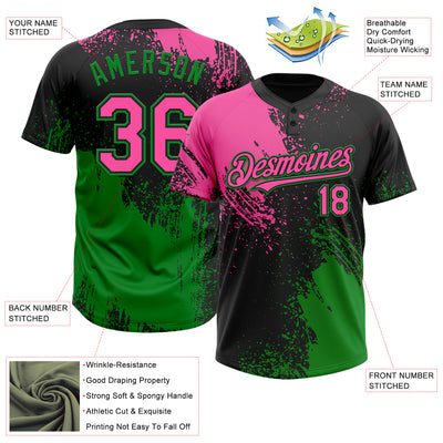 Custom Black Pink-Grass Green 3D Pattern Abstract Brush Stroke Two-Button Unisex Softball Jersey