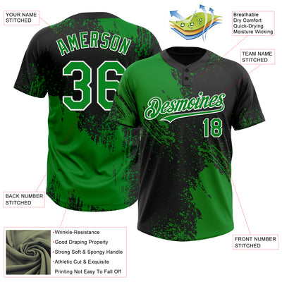 Custom Black Grass Green-White 3D Pattern Abstract Brush Stroke Two-Button Unisex Softball Jersey