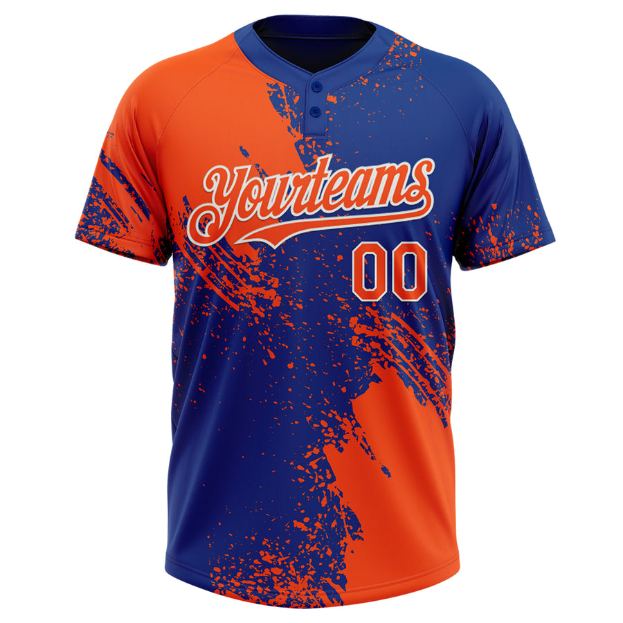 Custom Orange Royal-White 3D Pattern Abstract Brush Stroke Two-Button Unisex Softball Jersey