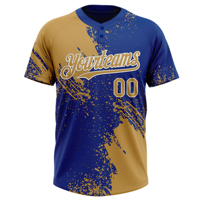 Custom Old Gold Royal-White 3D Pattern Abstract Brush Stroke Two-Button Unisex Softball Jersey