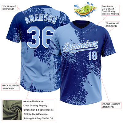 Custom Light Blue Royal-White 3D Pattern Abstract Brush Stroke Two-Button Unisex Softball Jersey