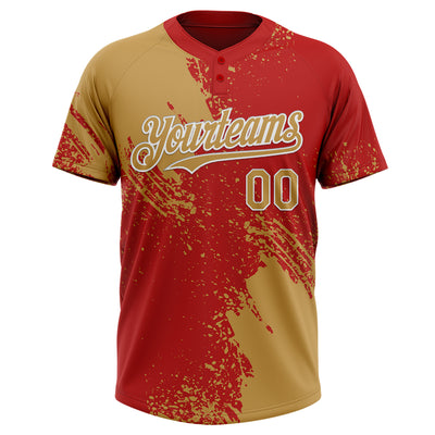 Custom Old Gold Red-White 3D Pattern Abstract Brush Stroke Two-Button Unisex Softball Jersey