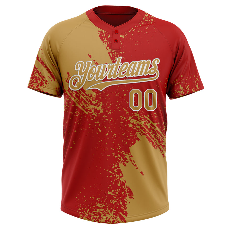 Custom Old Gold Red-White 3D Pattern Abstract Brush Stroke Two-Button Unisex Softball Jersey