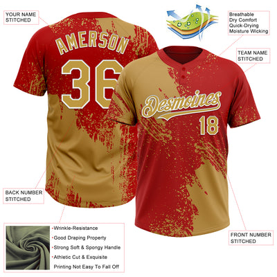 Custom Old Gold Red-White 3D Pattern Abstract Brush Stroke Two-Button Unisex Softball Jersey