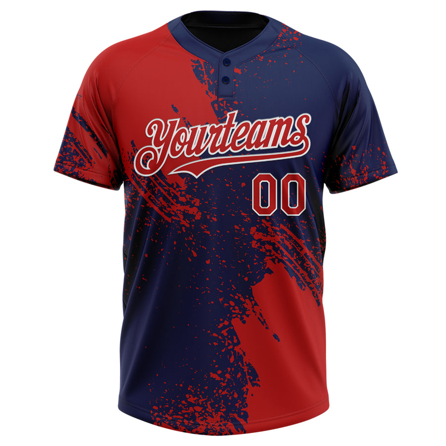 Custom Red Navy-White 3D Pattern Abstract Brush Stroke Two-Button Unisex Softball Jersey