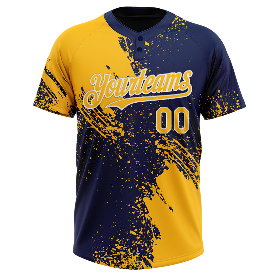 Custom Gold Navy-White 3D Pattern Abstract Brush Stroke Two-Button Unisex Softball Jersey