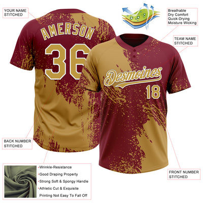 Custom Old Gold Crimson-White 3D Pattern Abstract Brush Stroke Two-Button Unisex Softball Jersey