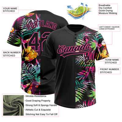 Custom Black Pink 3D Pattern Hawaii Tropical Palm Leaves Two-Button Unisex Softball Jersey