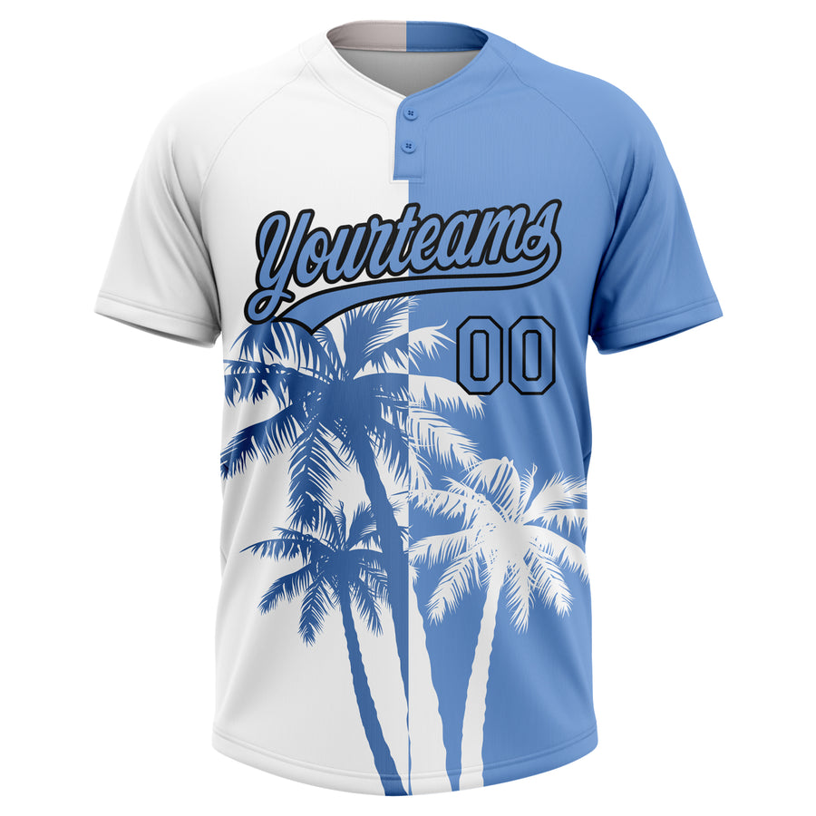 Custom White Light Blue-Black 3D Pattern Hawaii Coconut Trees Two-Button Unisex Softball Jersey