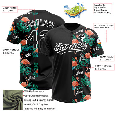 Custom Black White 3D Pattern Hawaii Flamingos And Leaves Two-Button Unisex Softball Jersey