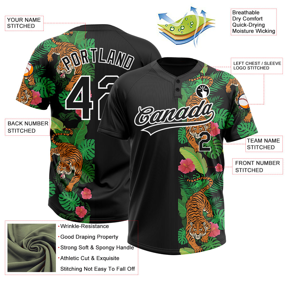 Custom Black White 3D Pattern Hawaii Tropical Tiger Two-Button Unisex Softball Jersey