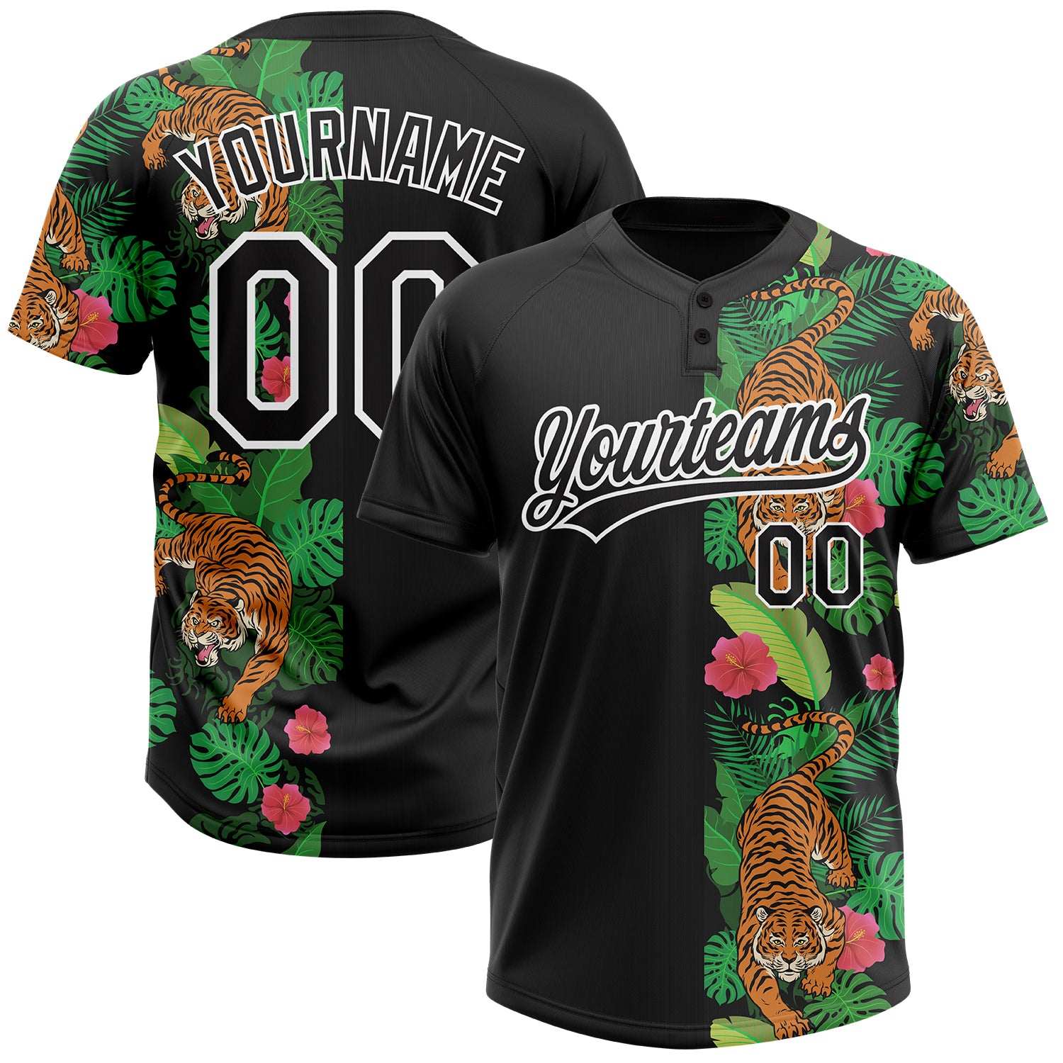 Custom Black White 3D Pattern Hawaii Tropical Tiger Two-Button Unisex Softball Jersey