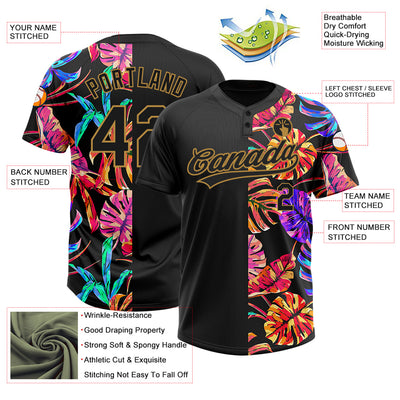 Custom Black Old Gold 3D Pattern Hawaii Tropical Palm Leaves Two-Button Unisex Softball Jersey