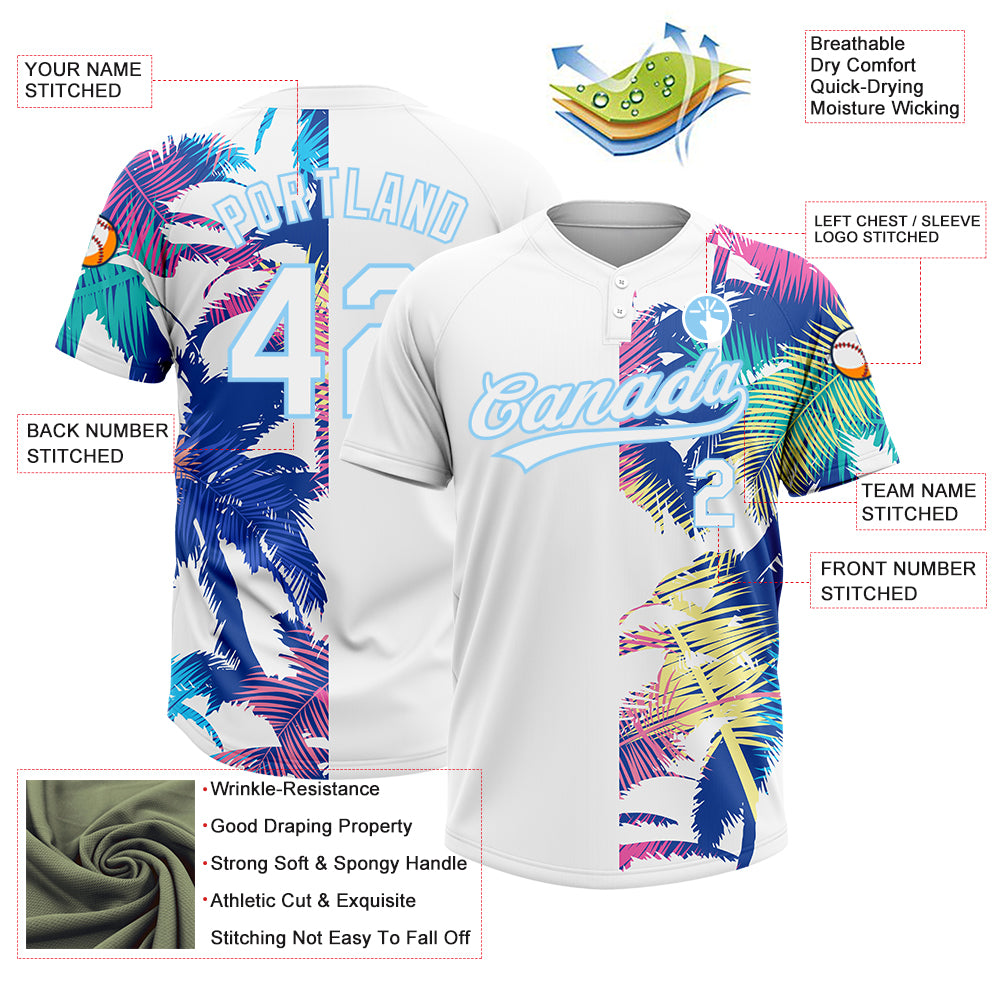 Custom White Light Blue 3D Pattern Hawaii Palm Trees Two-Button Unisex Softball Jersey