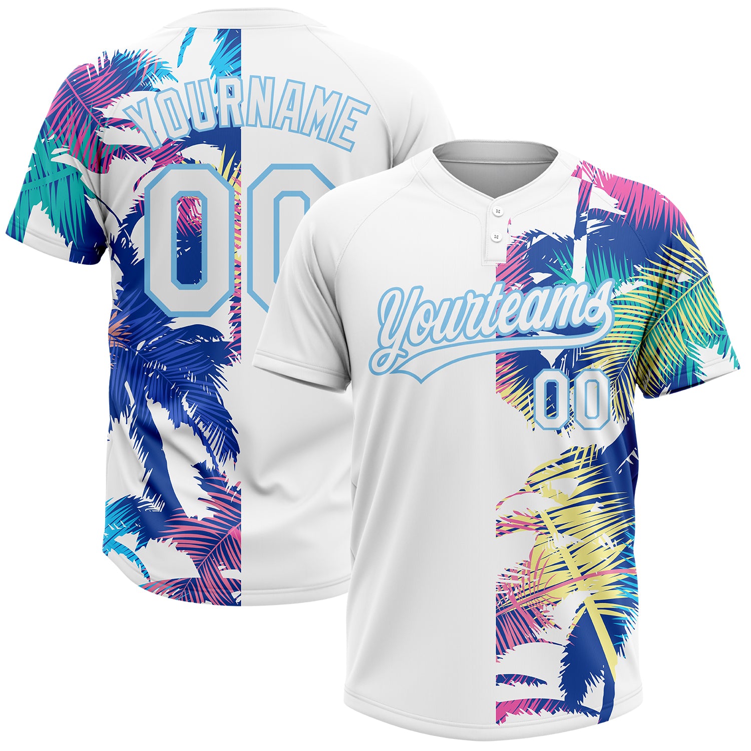 Custom White Light Blue 3D Pattern Hawaii Palm Trees Two-Button Unisex Softball Jersey