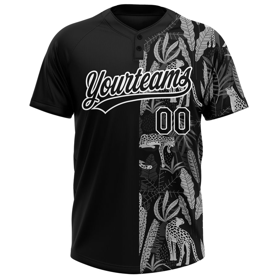 Custom Black White 3D Pattern Leopards And Tropical Palm Leaves Two-Button Unisex Softball Jersey