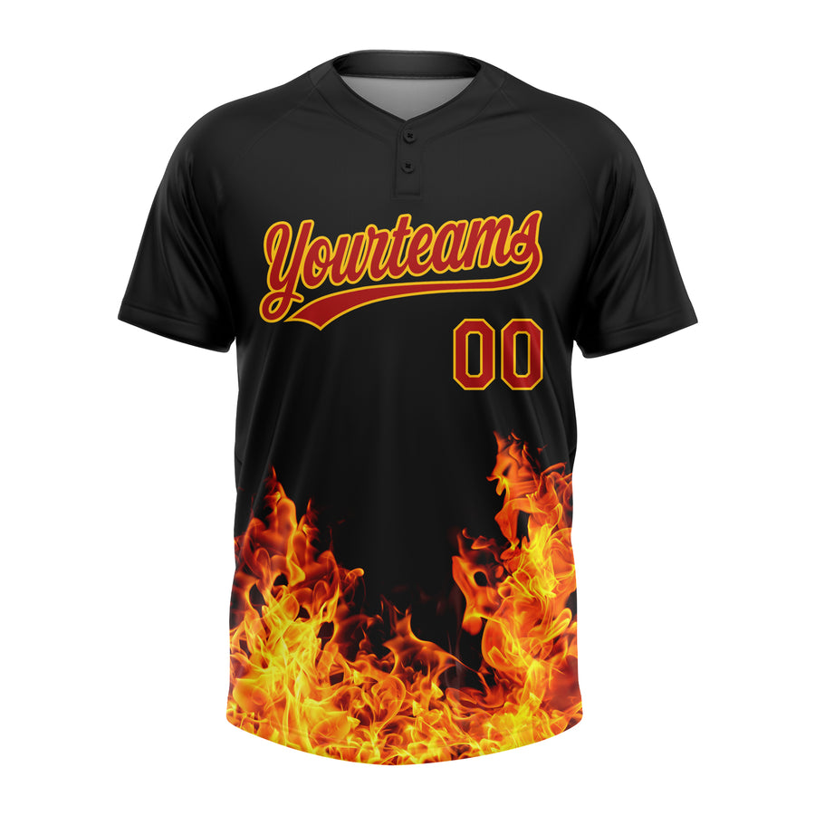 Custom Black Red-Gold 3D Pattern Design Flame Two-Button Unisex Softball Jersey