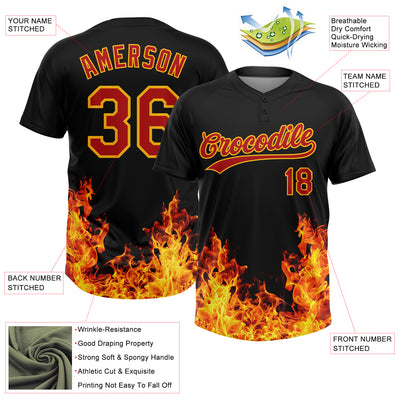 Custom Black Red-Gold 3D Pattern Design Flame Two-Button Unisex Softball Jersey