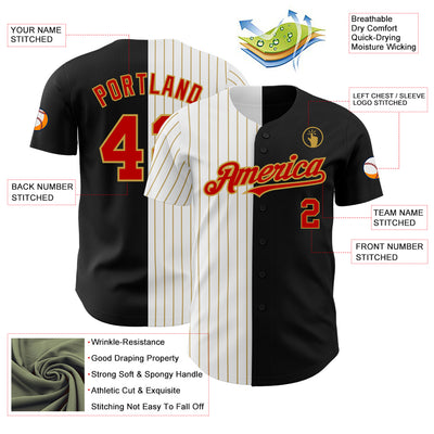 Custom Black Red-Old Gold Pinstripe Authentic Split Fashion Baseball Jersey