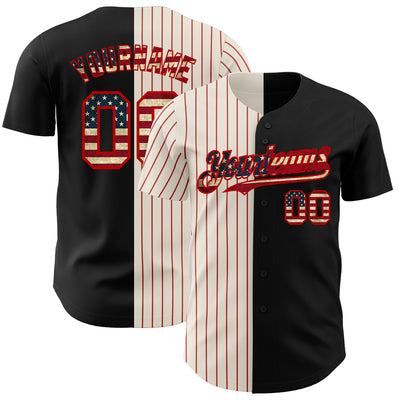 Custom Black Vintage USA Flag Cream-Red Pinstripe Authentic Split Fashion Baseball Jersey