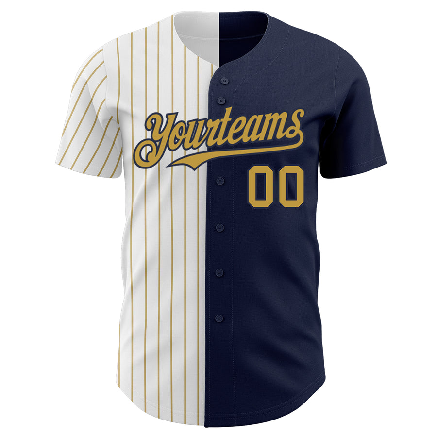 Custom Navy White-Old Gold Pinstripe Authentic Split Fashion Baseball Jersey