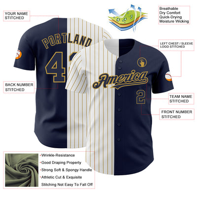 Custom Navy White-Old Gold Pinstripe Authentic Split Fashion Baseball Jersey