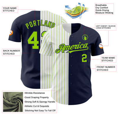 Custom Navy White-Neon Green Pinstripe Authentic Split Fashion Baseball Jersey