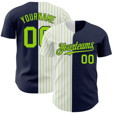 Custom Navy White-Neon Green Pinstripe Authentic Split Fashion Baseball Jersey